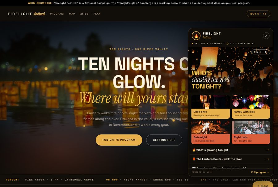 Firelight Festival, a fictional ten-night lantern festival, with Whim's live program and nearby picks inside the campaign site