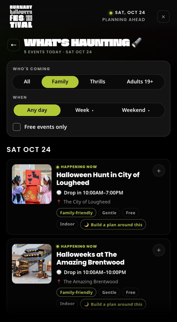 What's haunting on Sat Oct 24, filtered for families: Halloween Hunt and Halloweeks, happening now